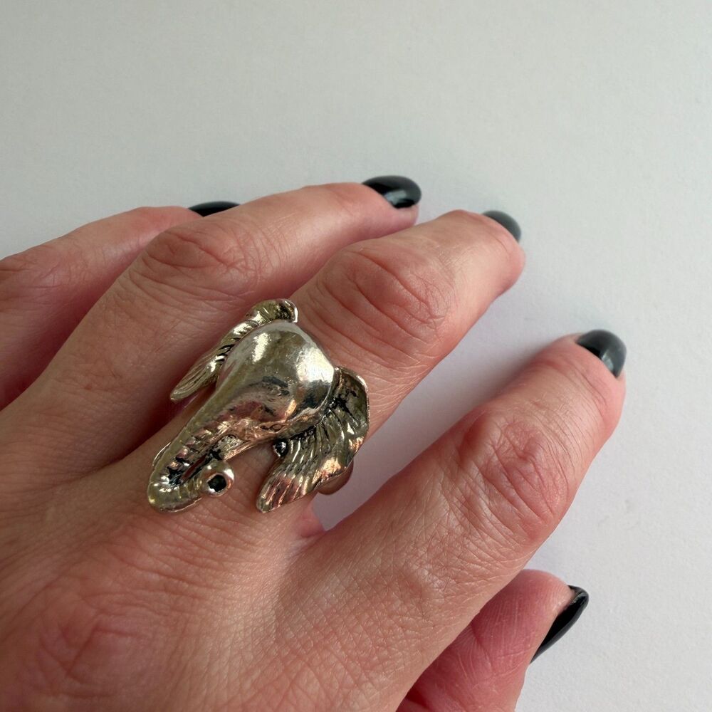 Elephant Head Statement Ring Silver Tone Vintage Boho Unisex Sz 8